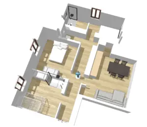 Le plan de l'appartement est composé d'un couloir qui dessert 2 chambres et une toilette à gauche, un séjout à droite et une salle de douche et coin cabine au fond